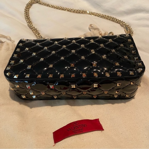 Valentino Black Rockstud Spike Flap Bag Quilted Patent Leather Small - Picture 9 of 15